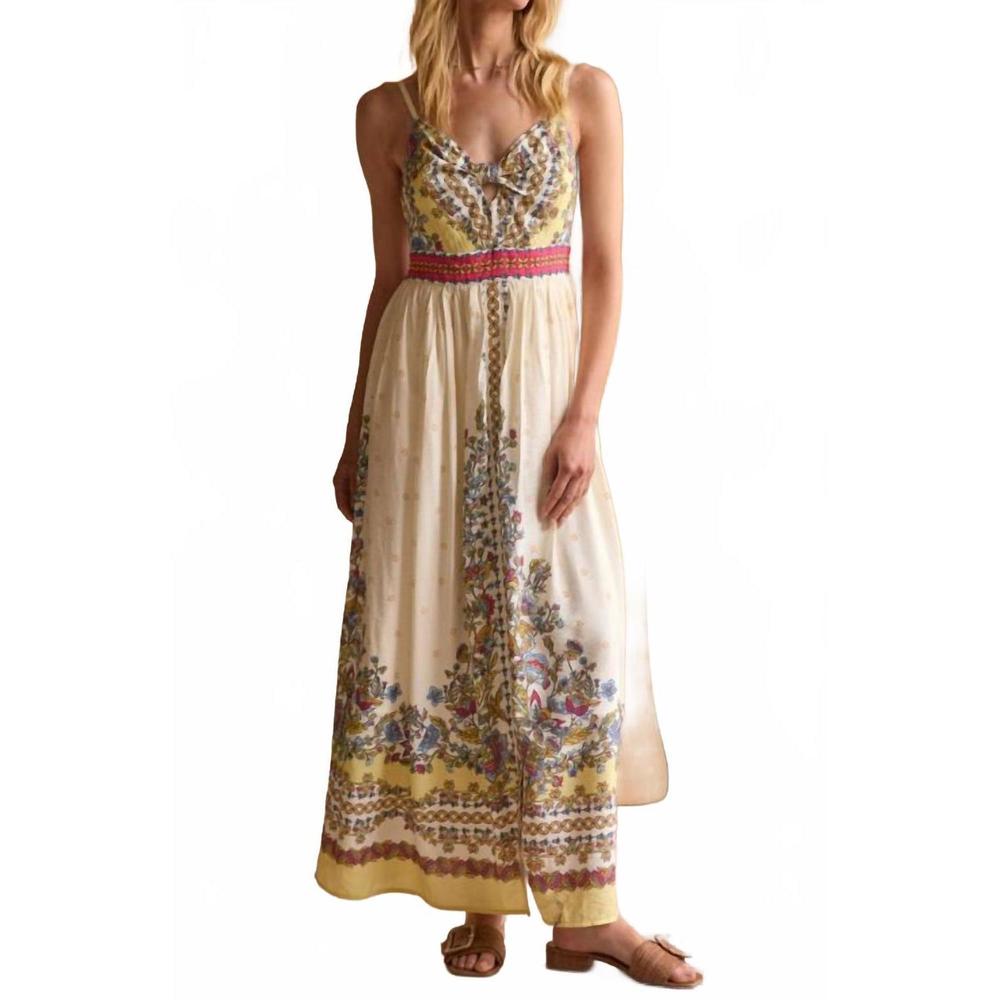 NEW SKIES ARE BLUE sleeveless border print midi dress in biege multi